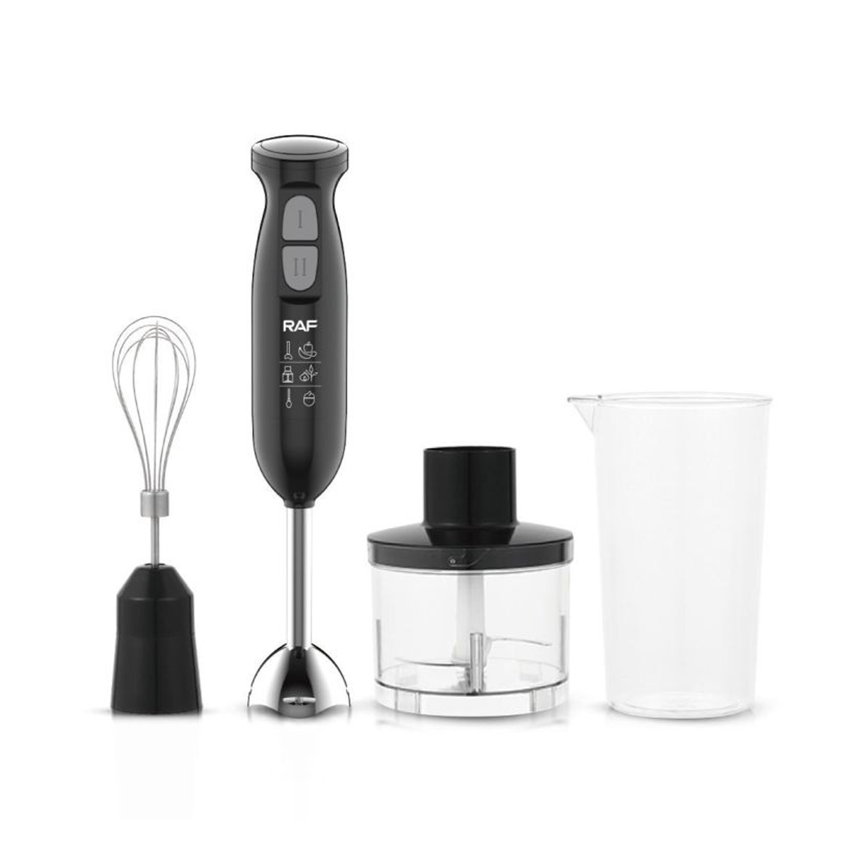 راف خلاط يدوي متعدد الوظائف 4 في 1 (خلاط، مفرمة، مضرب، خلاط مزج) – بقدرة 340 واط، عصا ستانلس ستيل بسرعتين وكأس 600 مل