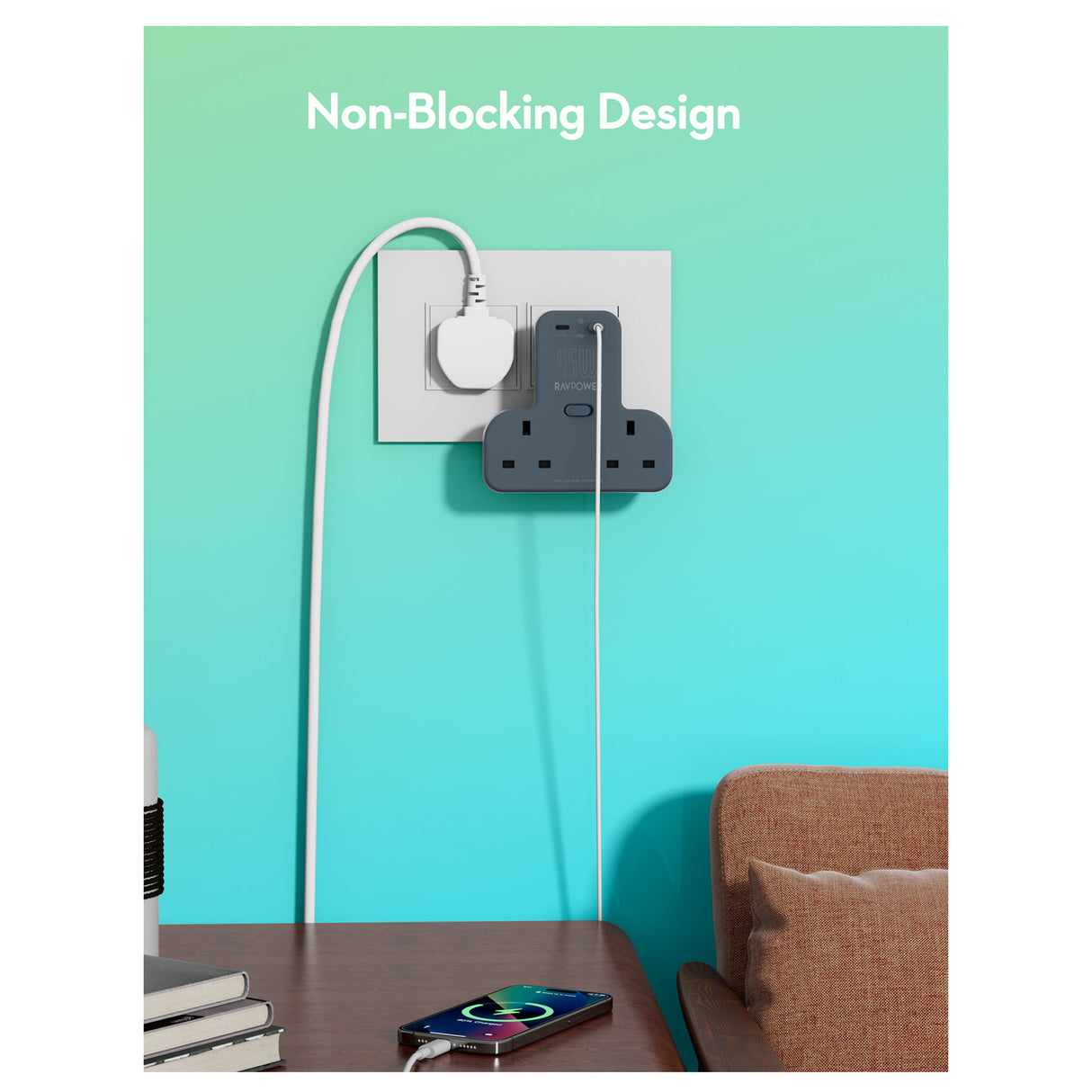 RAVPower RP-PC1065 GaN 45W Power Outlet Extender With 2 AC Outlets and 2 USB-C