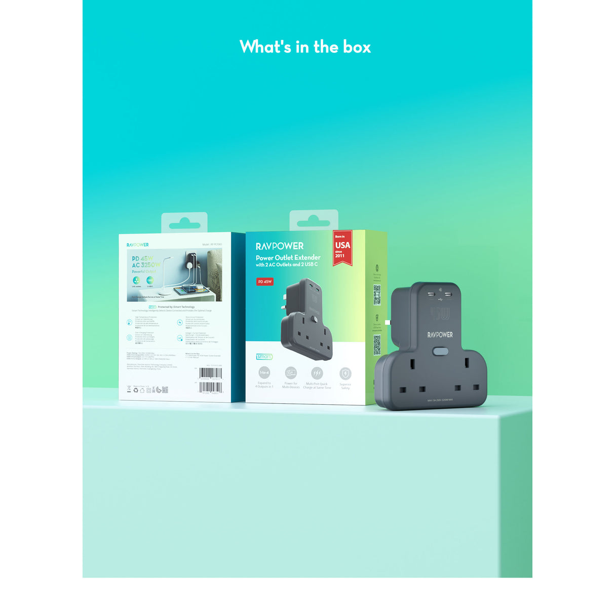 RAVPower RP-PC1065 GaN 45W Power Outlet Extender With 2 AC Outlets and 2 USB-C