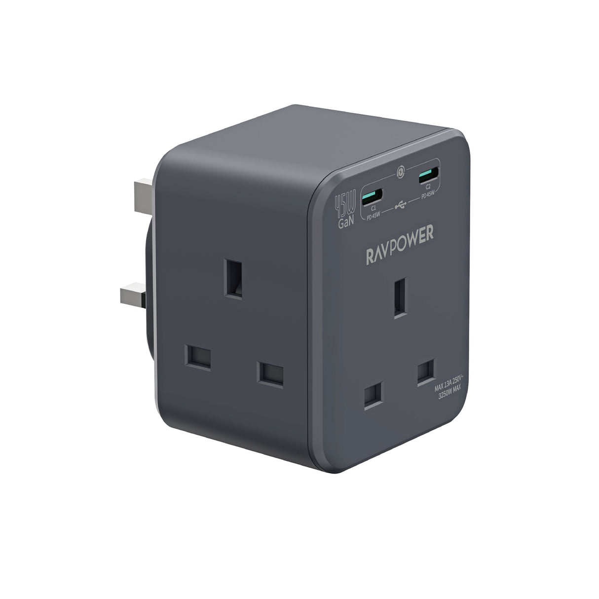 RAVPower RP-PC1066 - GaN 45W Power Outlet Extender With 3 AC Outlets and 2 USB-C