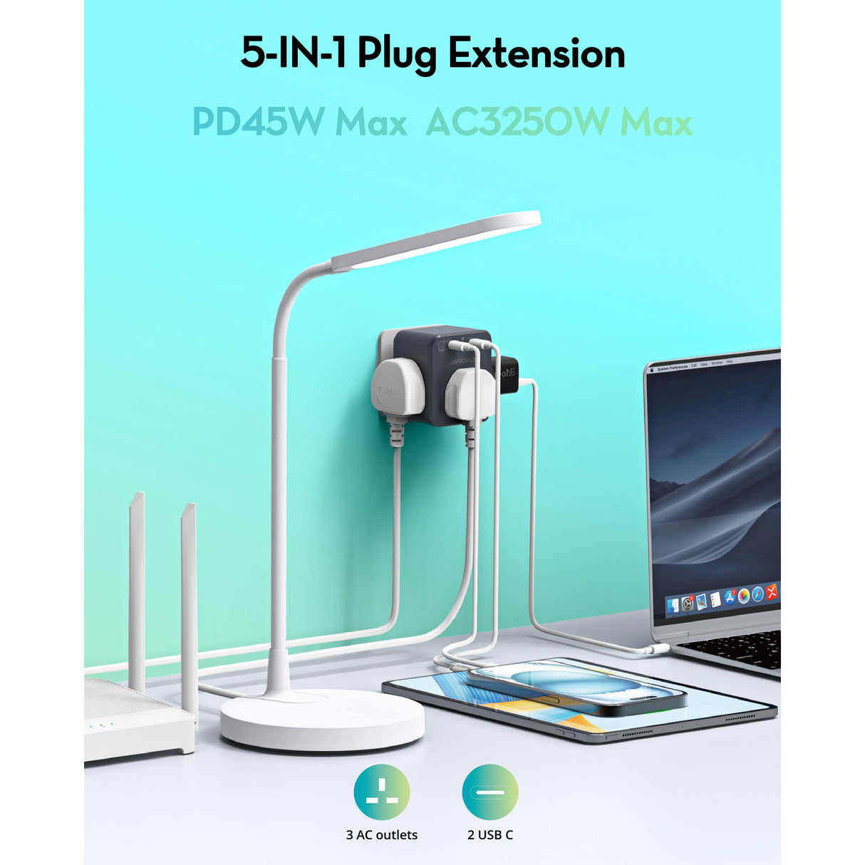 RAVPower RP-PC1066 - GaN 45W Power Outlet Extender With 3 AC Outlets and 2 USB-C