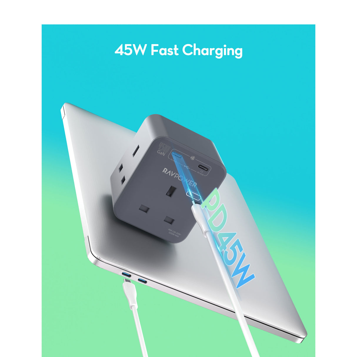 RAVPower RP-PC1066 - GaN 45W Power Outlet Extender With 3 AC Outlets and 2 USB-C