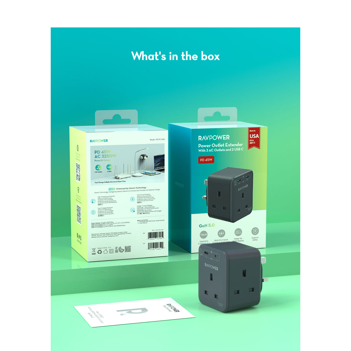RAVPower RP-PC1066 - GaN 45W Power Outlet Extender With 3 AC Outlets and 2 USB-C