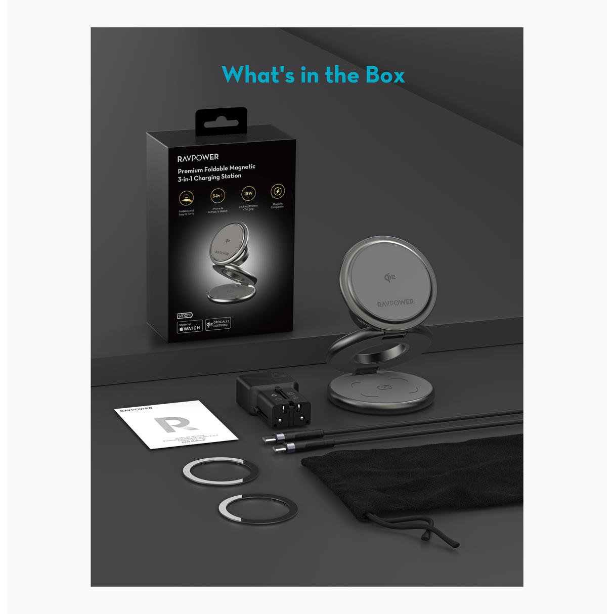 Ravpower Rp-Wc1008 Premium Foldable 3 In 1 Wireless Charger 15W - Gray