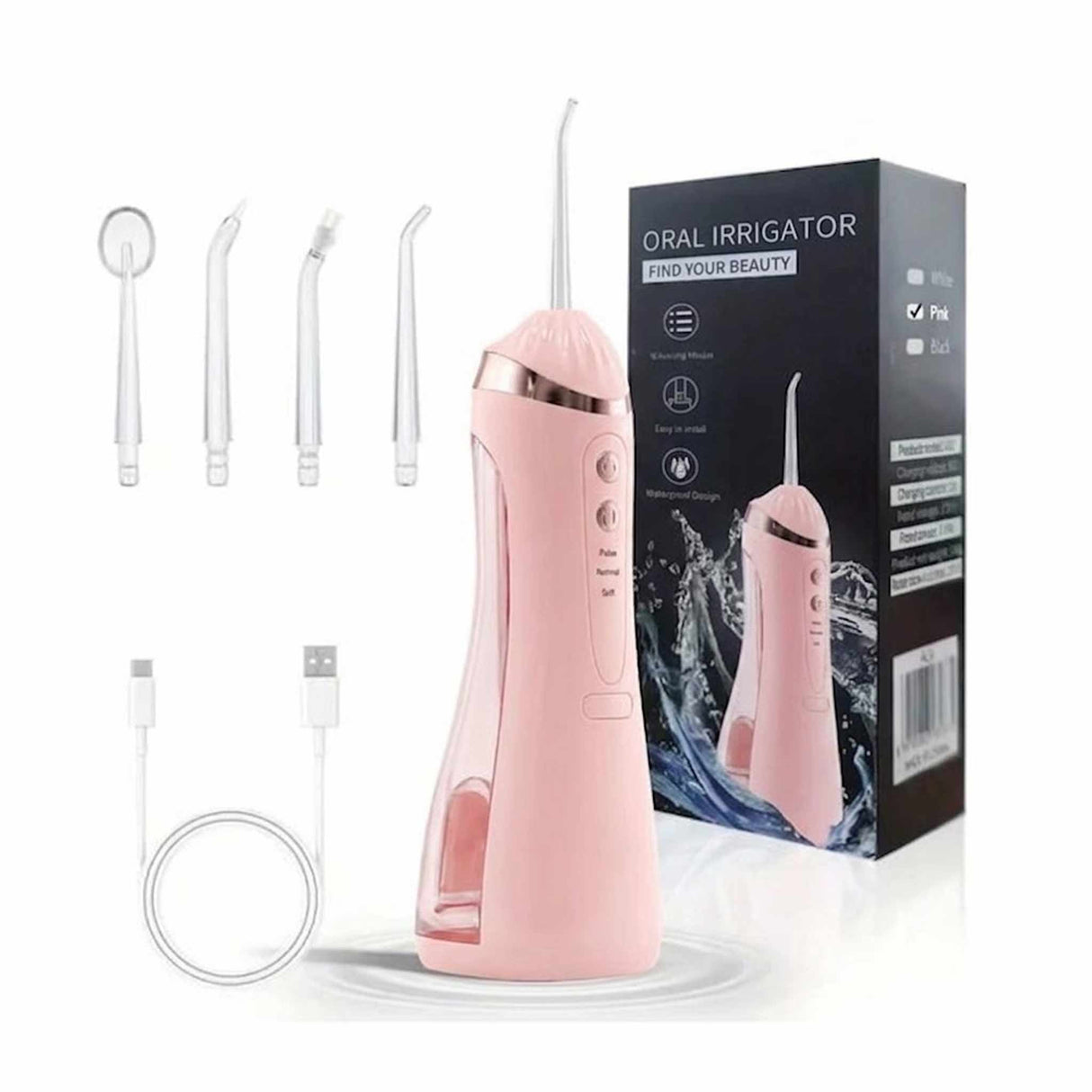 Cordless Water Flosser 200ml with 4 Replaceable Heads - Pink
