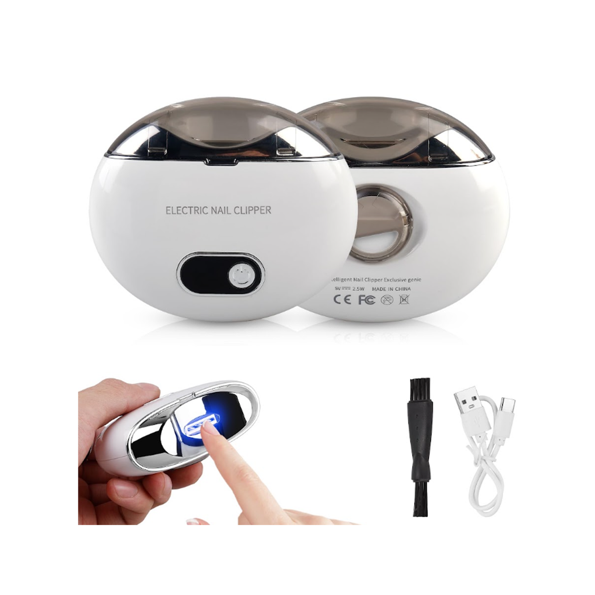 Rechargeable Electric Nail Clipper With 3-Speed Precision Trimming - Nail Debris Storage - LED Light and USB-C Charging - 500 mAh Battery - White