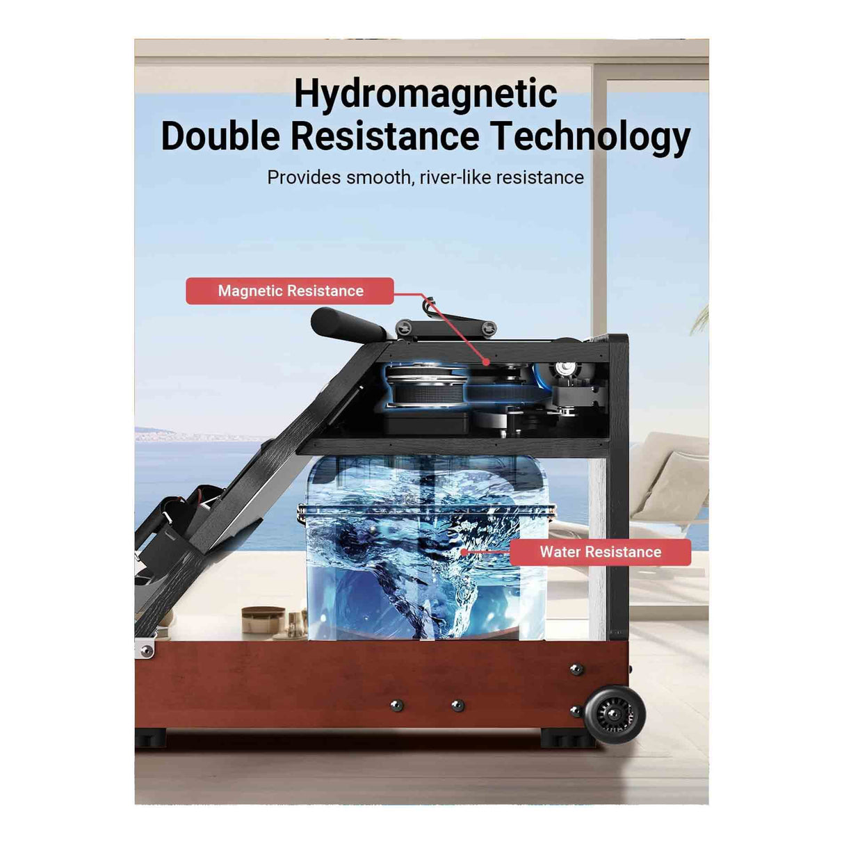 KingSmith Water Rowing Machine With Tri-Fold Patent. Water & Magnetic resistance 2 in 1 - WM10 - Walnut Color - Zayoom