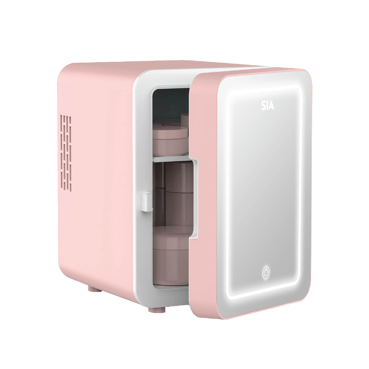 Mini Fridge SIA 4L LED Pink featuring an integrated LED ring light mirror door, removable inner shelves for skincare products, and a compact pink portable body - Expert-Verified Quality Zayoom Guaranteed