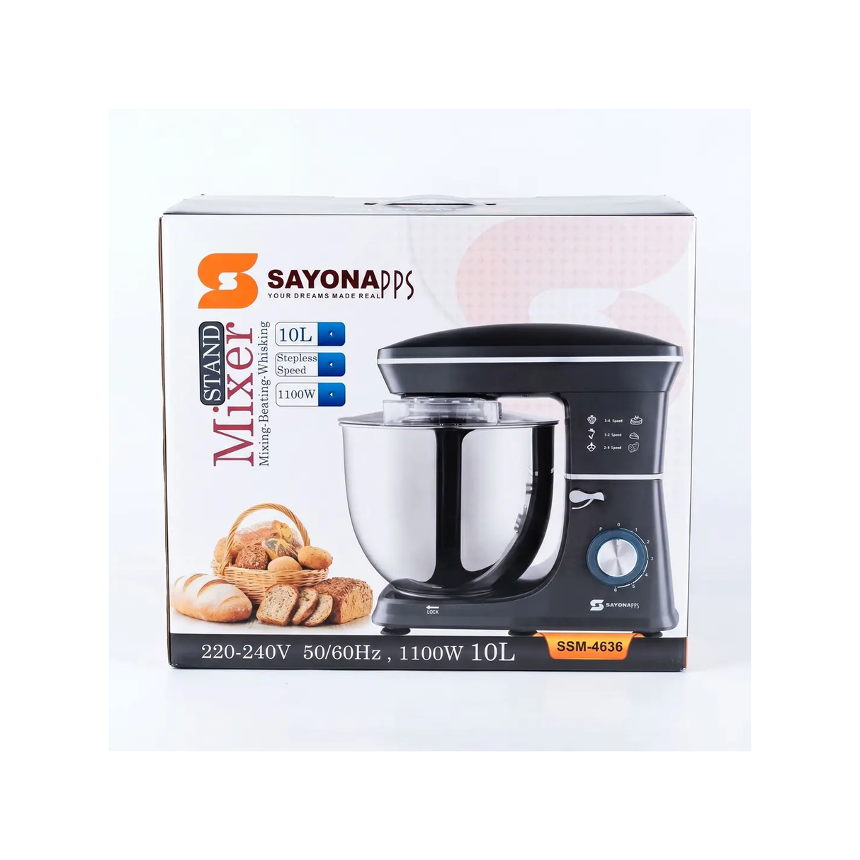 Sayona pps 10-Liter Electric Stand Mixer With 1100W – Stepless Speed Control - SSM-4636