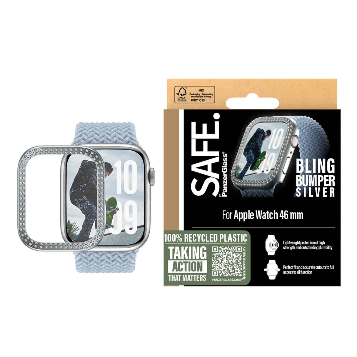 SAFE. by PanzerGlass® Screen Protector Bling Bumper Silver for Apple Watch Series 10 46mm - Zayoom