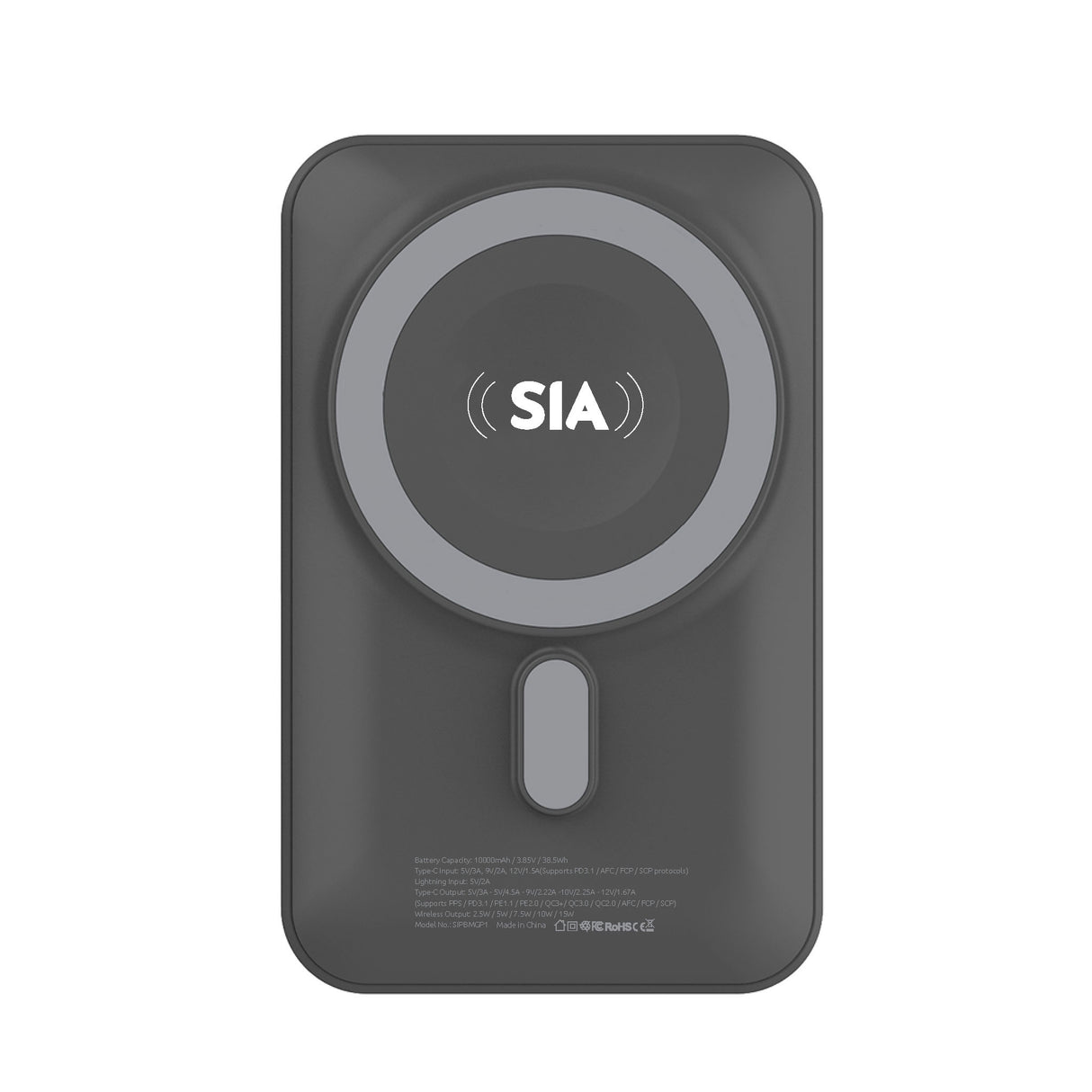 SIA Magnetic Power Bank With Built In Rgb Cooling Fan PD 20W - Wireless Charging 15W - 10000mAh - Gray