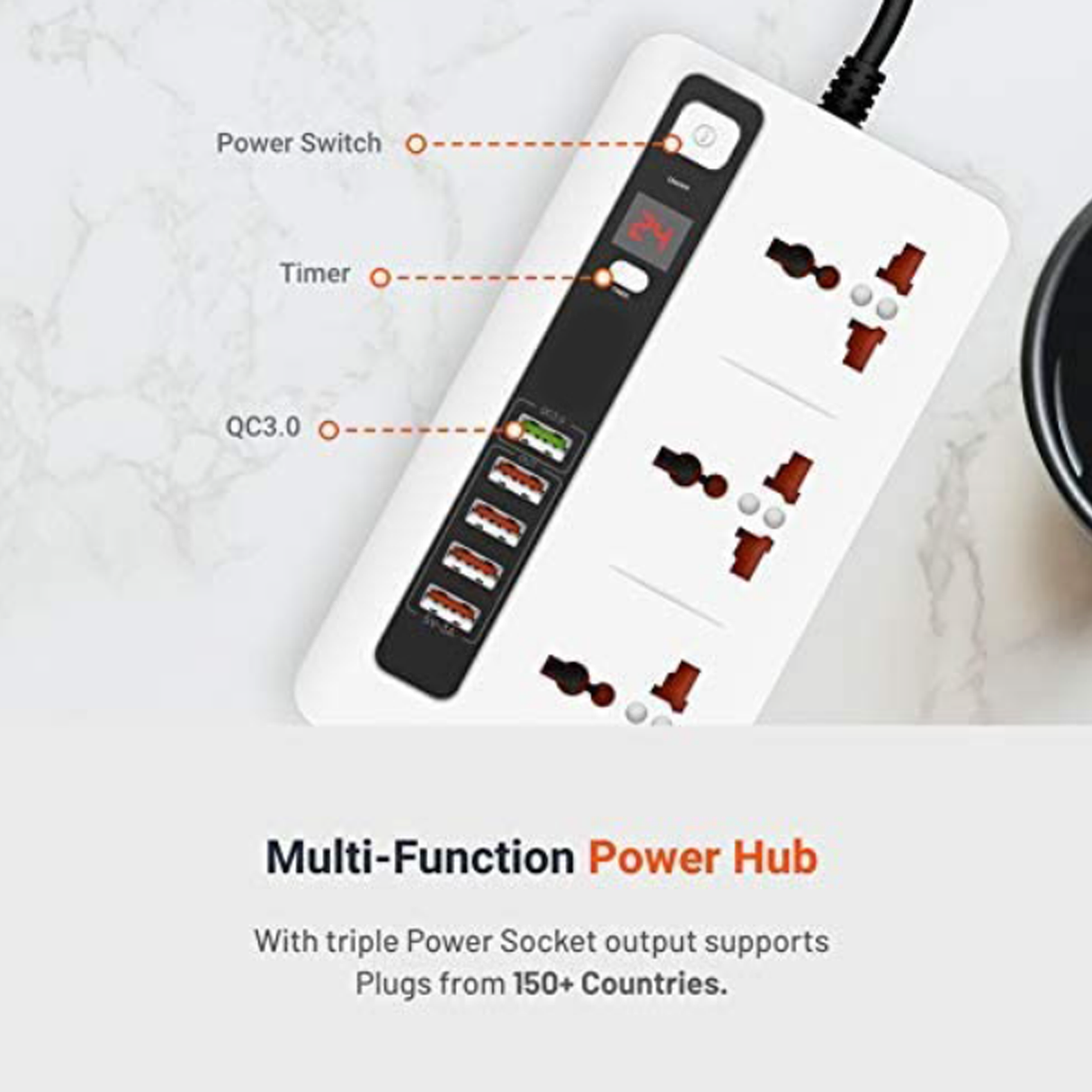 Smart Power Socket Extension Strip with 5 USB Fast Charging Ports and 3 Universal Power Sockets - 2 Meter Length
