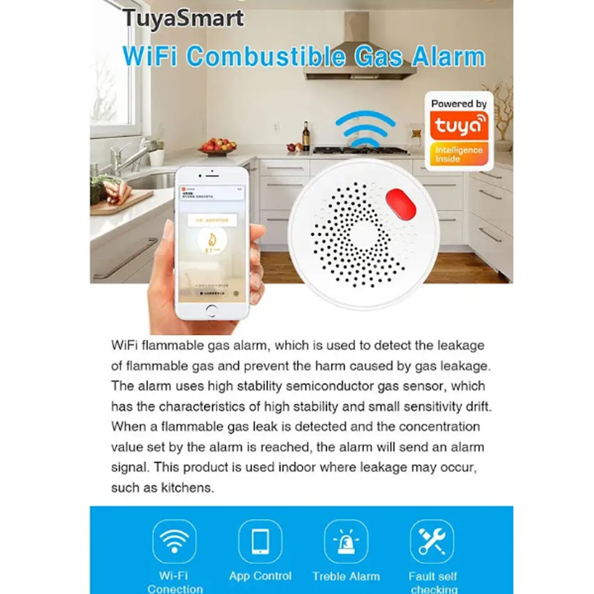 Smart WiFi Gas Leak Sensor – 220V AC Plug-In