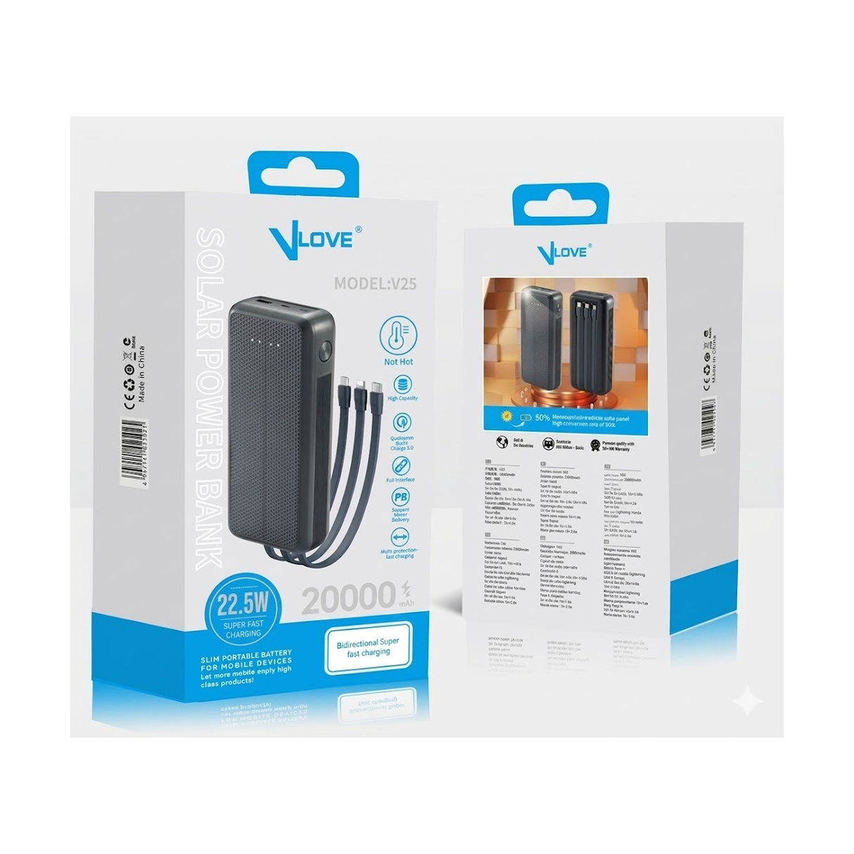 Solar Powered 20000mAh Power Bank With 4 Built-In Cables and Integrated Solar Panel