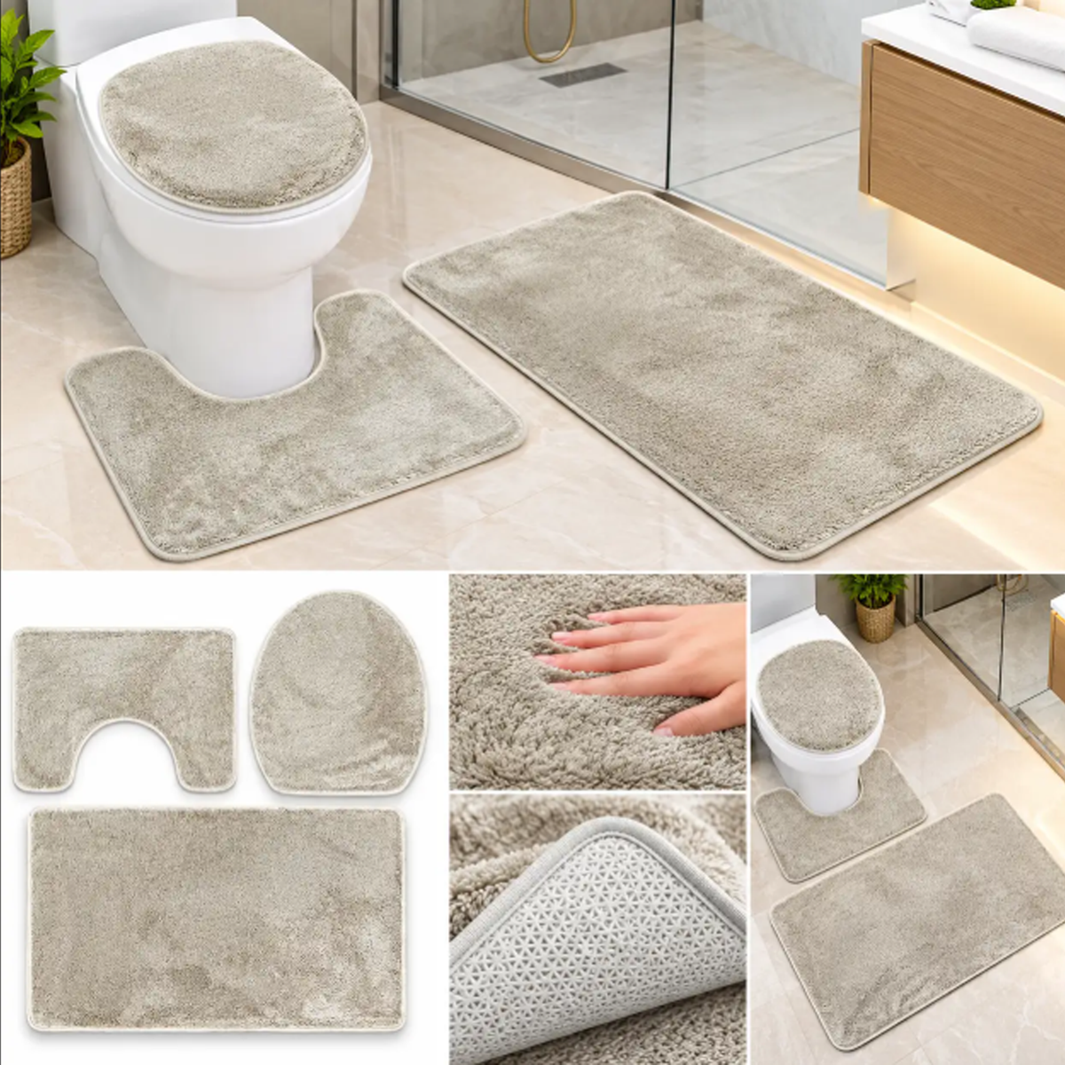 3-Piece Non-Slip Bathroom Mat Set with Toilet Seat Cover - Beige