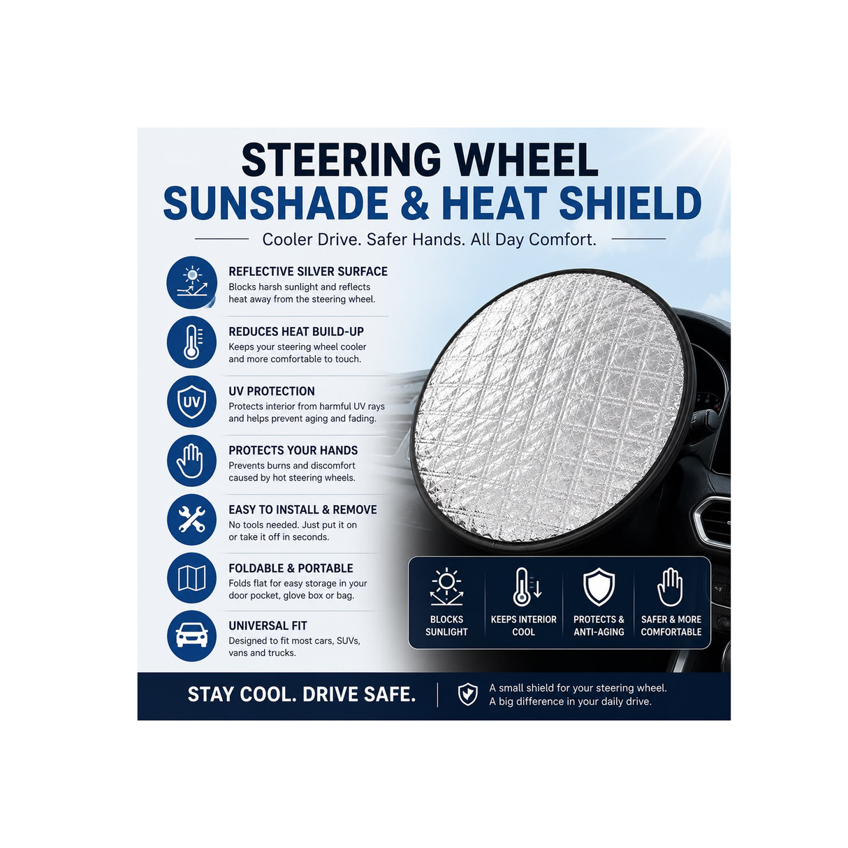 Steering Wheel Sunshade & Heat Shield – Reflective Car Steering Wheel Cover