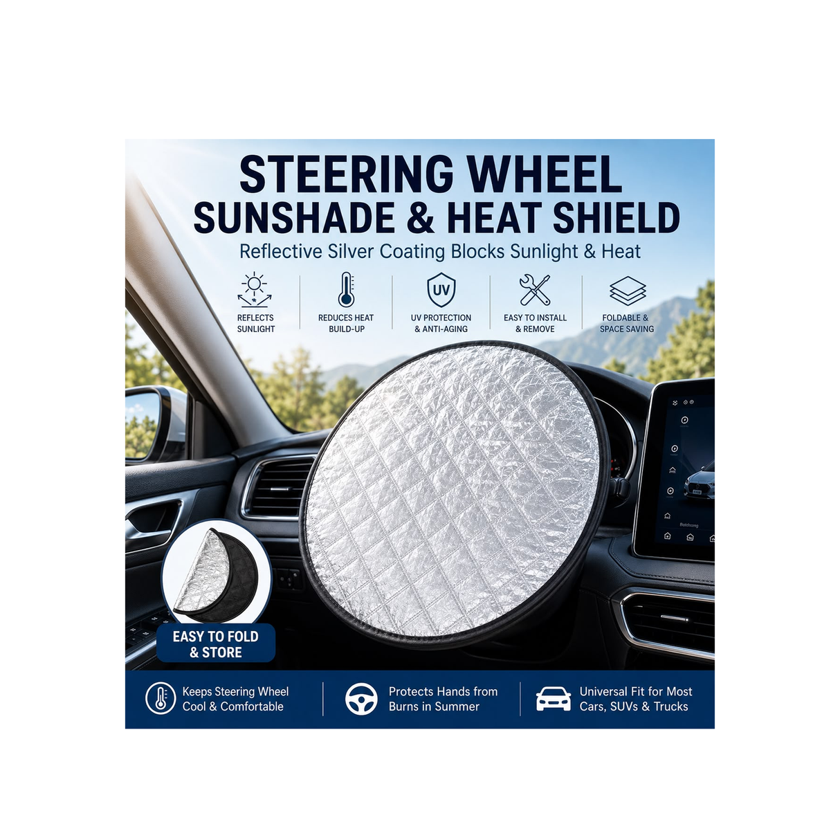 Steering Wheel Sunshade & Heat Shield – Reflective Car Steering Wheel Cover