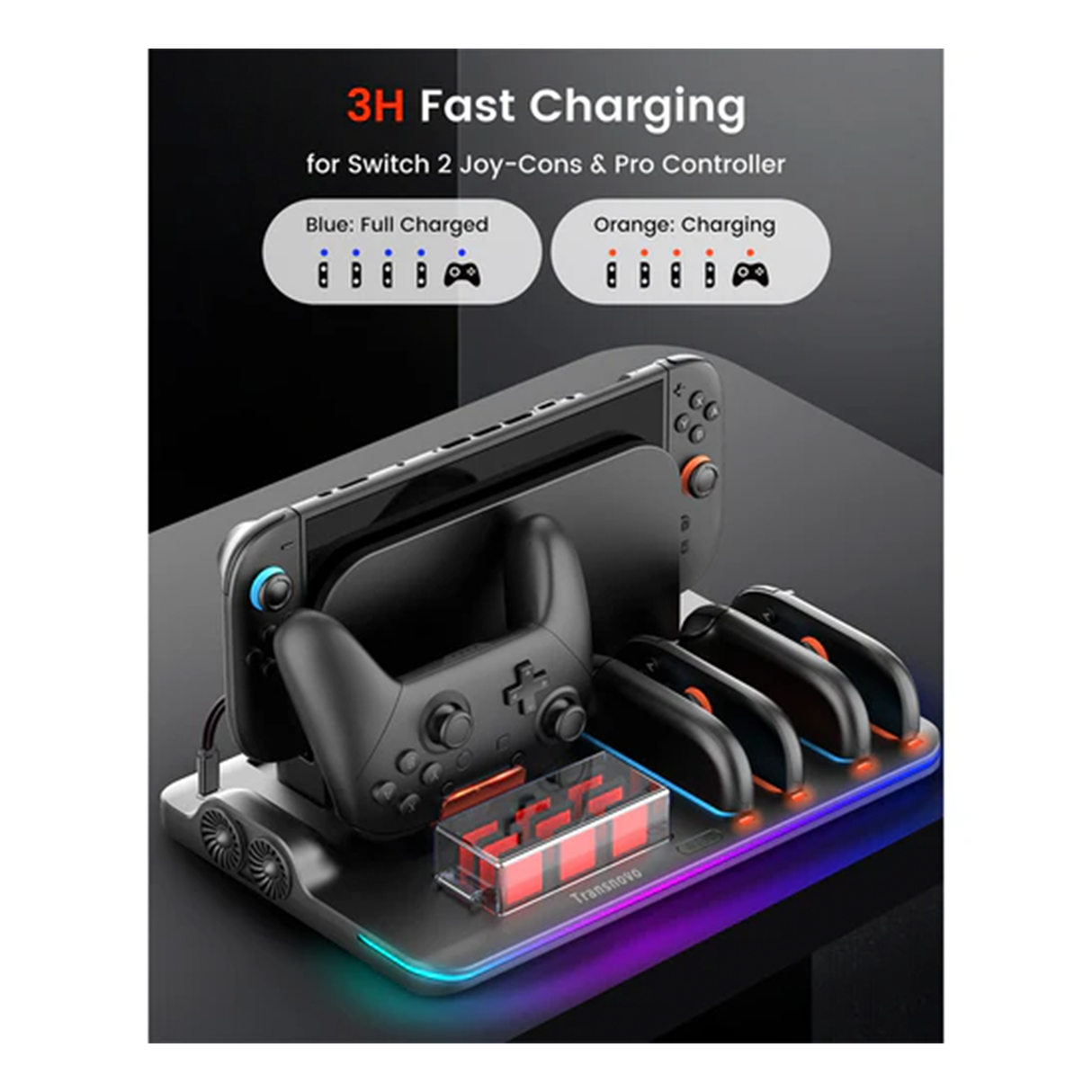 Transnovo Multi-Function RGB Light Charging Dock Station for 4 Joy-Con Controllers with Cooling Fan and 9 Game Card Slots