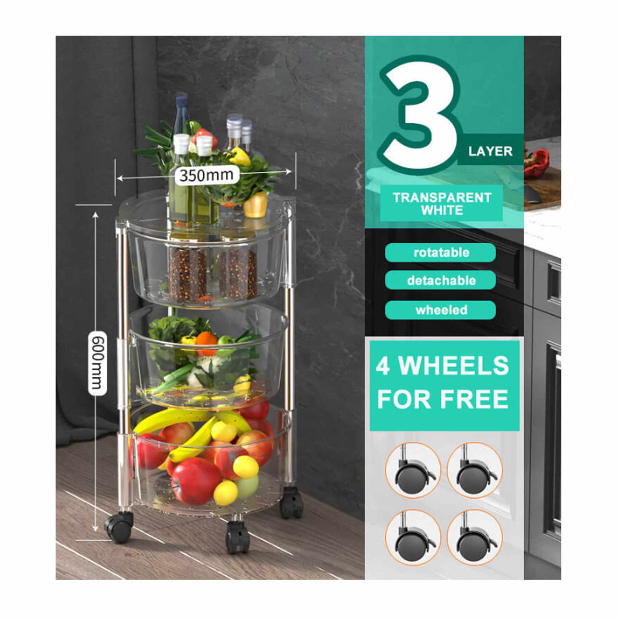 Transparent Multi Layer Rotating Storage Basket Rack with Removable Baskets-3 Layer