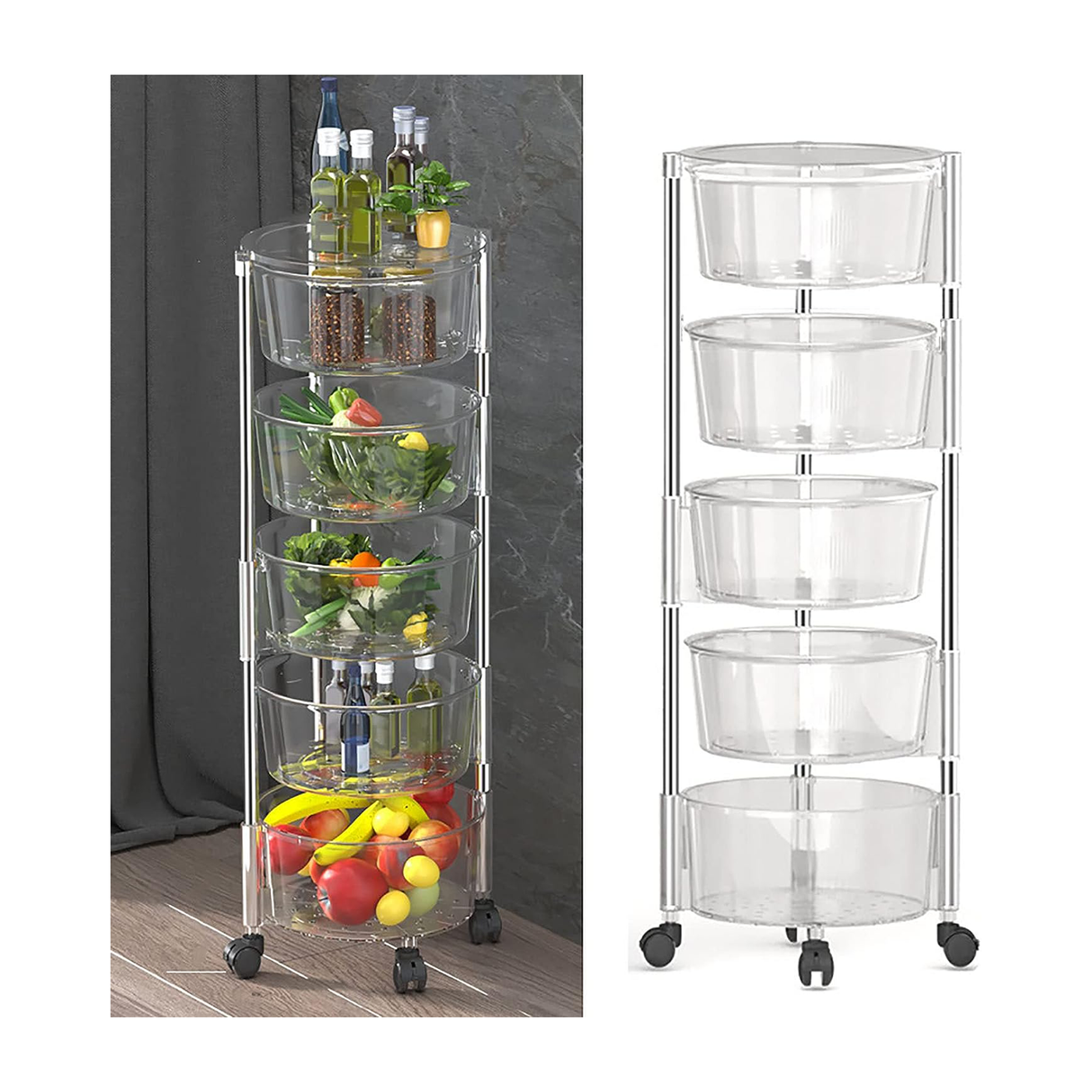 سلة تخزين شفاف متعدد الطبقات دوّار مع سلال قابلة للإزالة – 5 طبقات