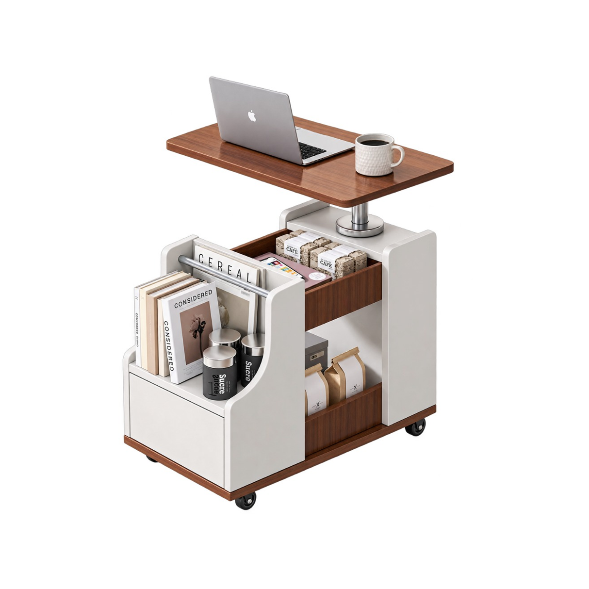 Trapezoid Side Table With 1-Drawer And Rotatable Liftable Top For Bedroom & Living Room