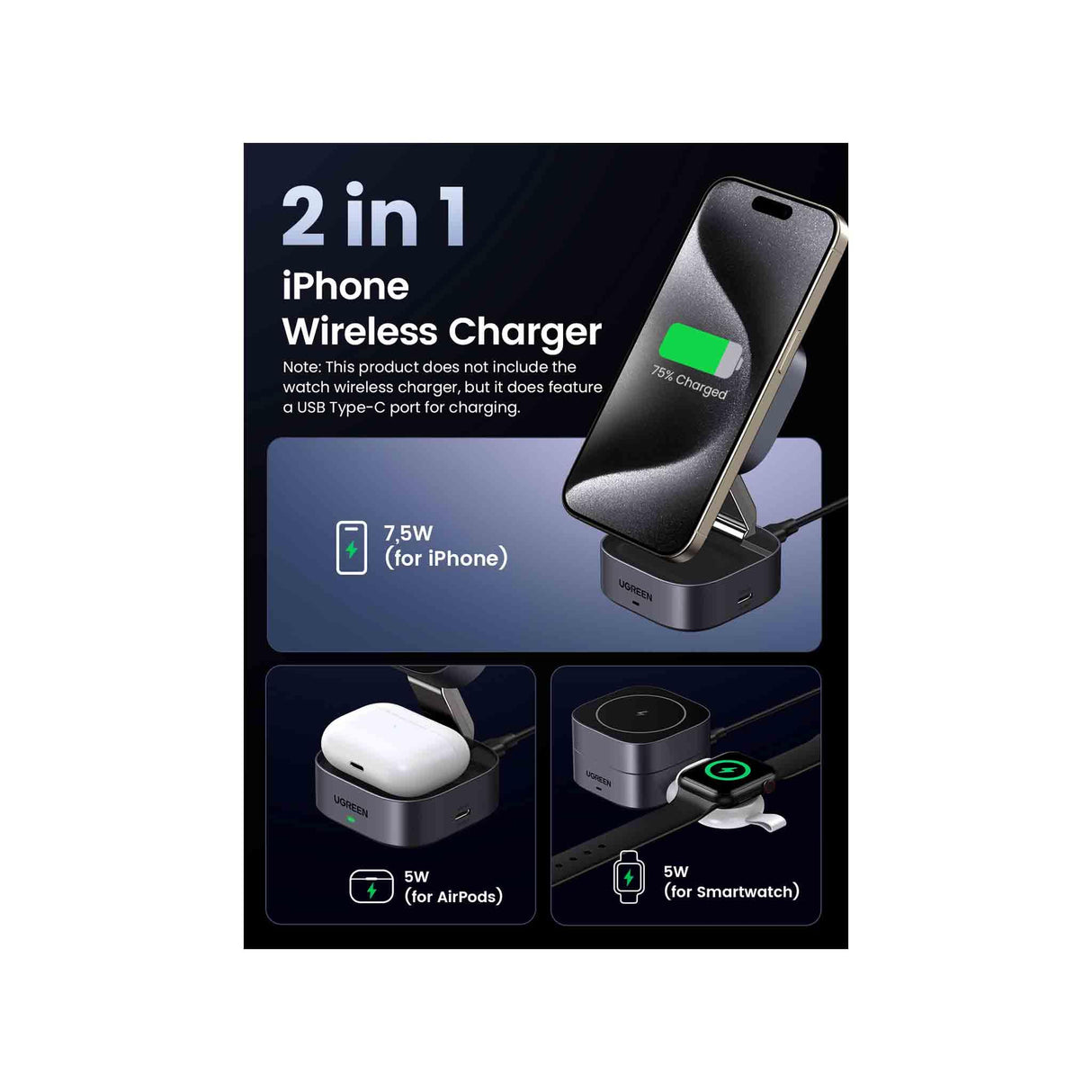 UGREEN 2-in-1 Magnetic Wireless Charger - 35278 - Zayoom