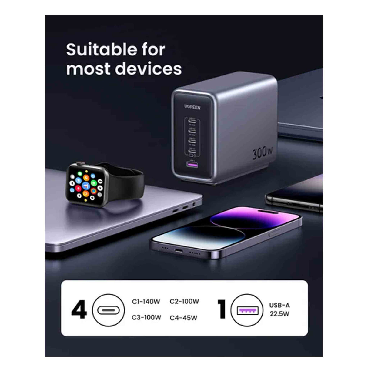 UGREEN 90904B Nexode 300W 5-Port PD GaN Fast Charger UK - Zayoom
