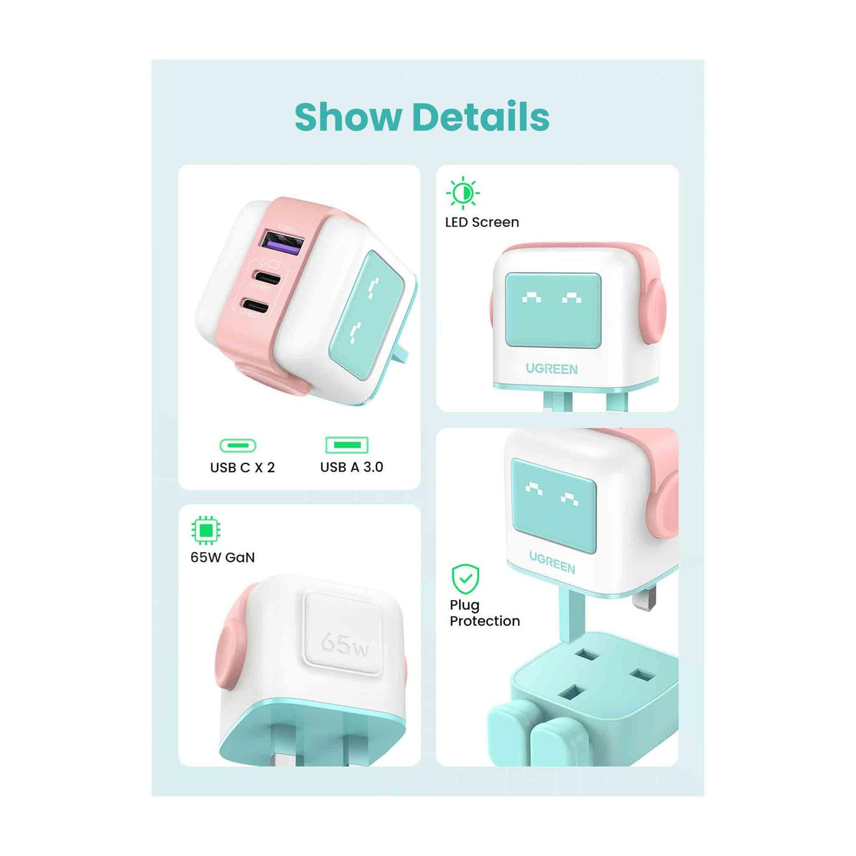 UGREEN Nexode 65W - 3-Port GaN Fast Charger - Pink Blue - Zayoom