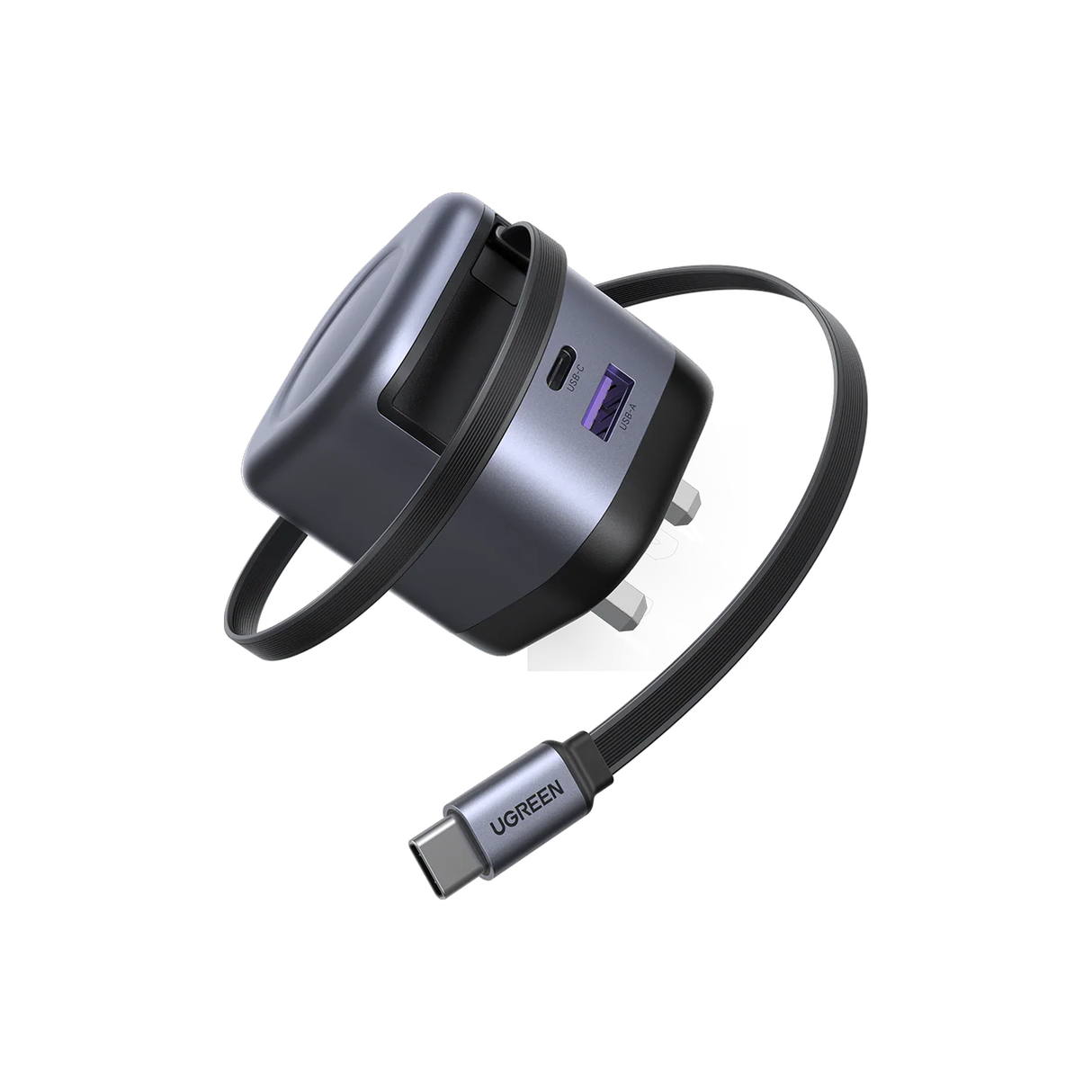 UGREEN 45W GaN Fast Charger With Retractable Cable (2-port) - Space Gray
