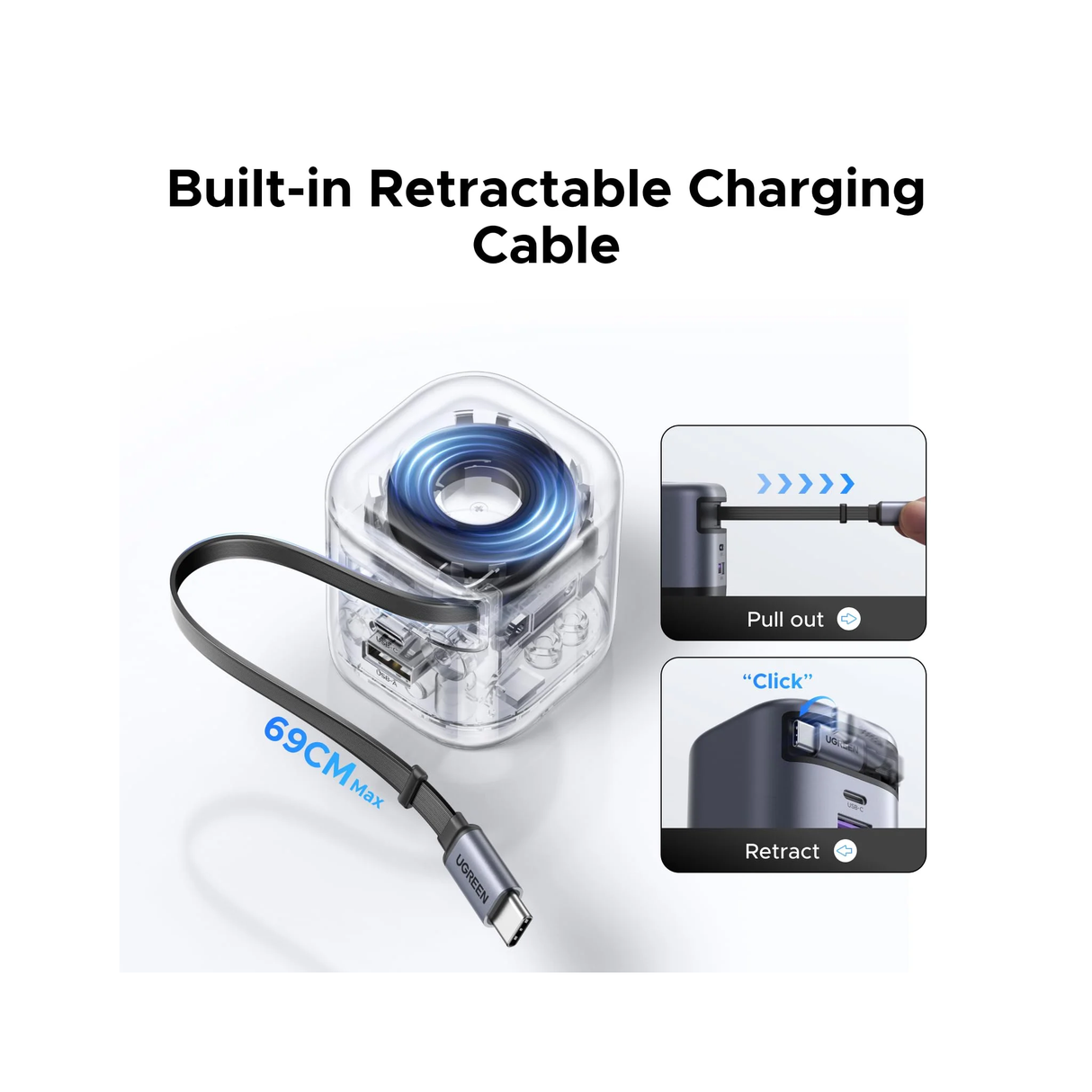 UGREEN 45W GaN Fast Charger With Retractable Cable (2-port) - Space Gray