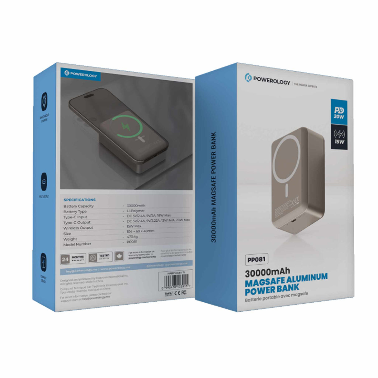 باورولوجي المصنوع من الألومنيوم بسعة 30000 مللي أمبير مع نظام ماجسيف باوربانك - رمادي