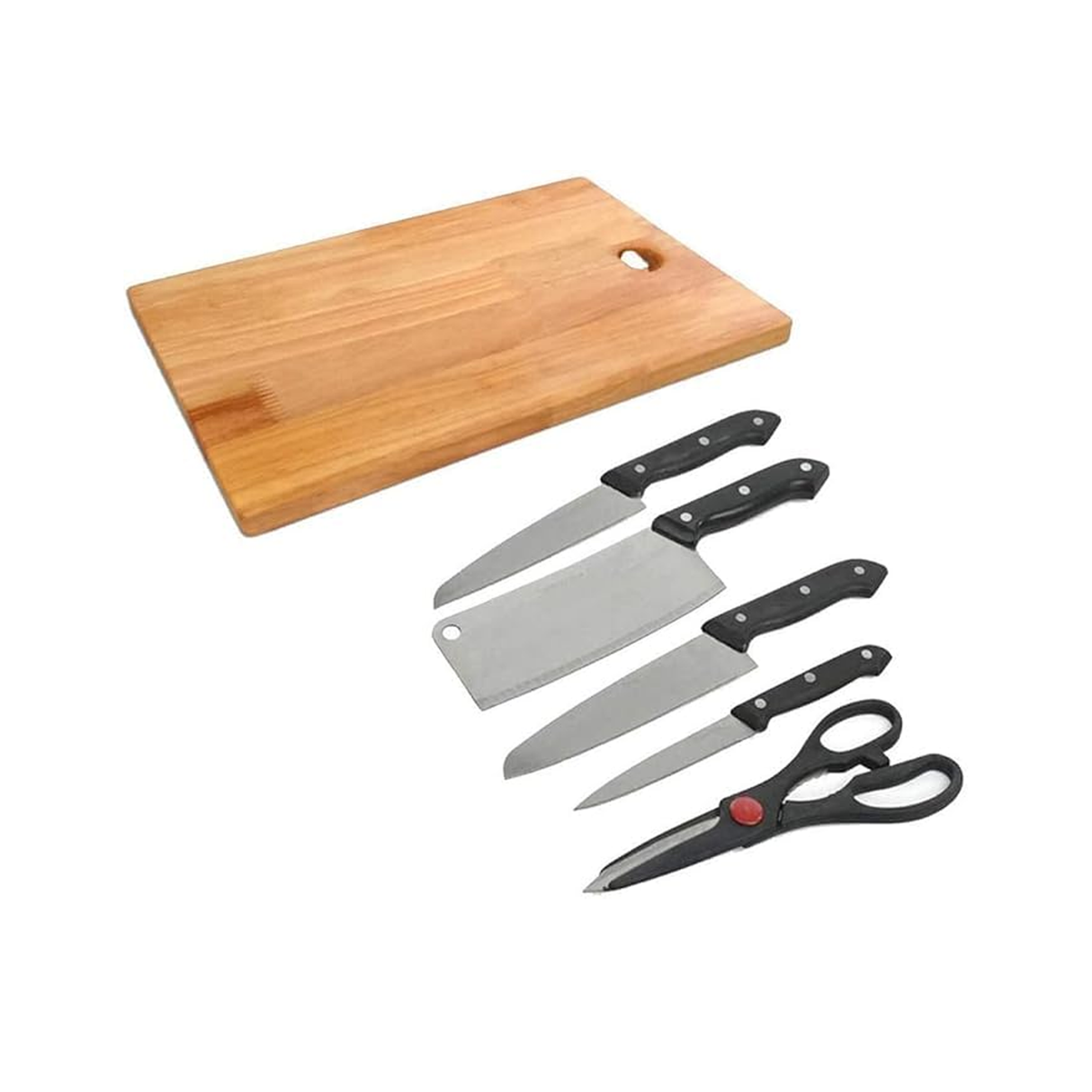 لوح تقطيع خشبي مع طقم سكاكين من الستانلس ستيل مكوّن من 5 قطع مختلفة