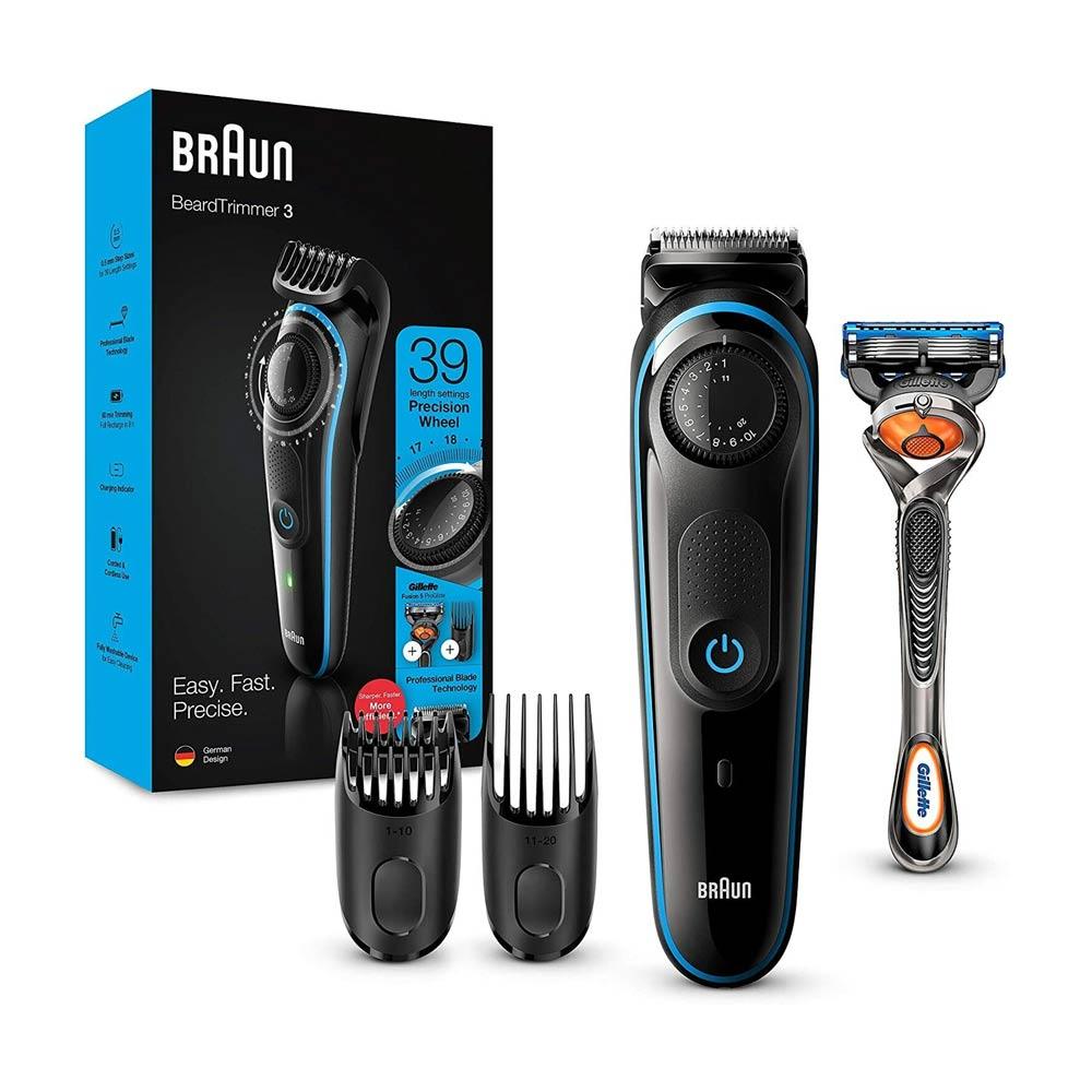 Braun Beard Trimmer 3 Face & Hair Precision Dial + 2 Attachments + Gillette ProGlide Razor - Zayoom