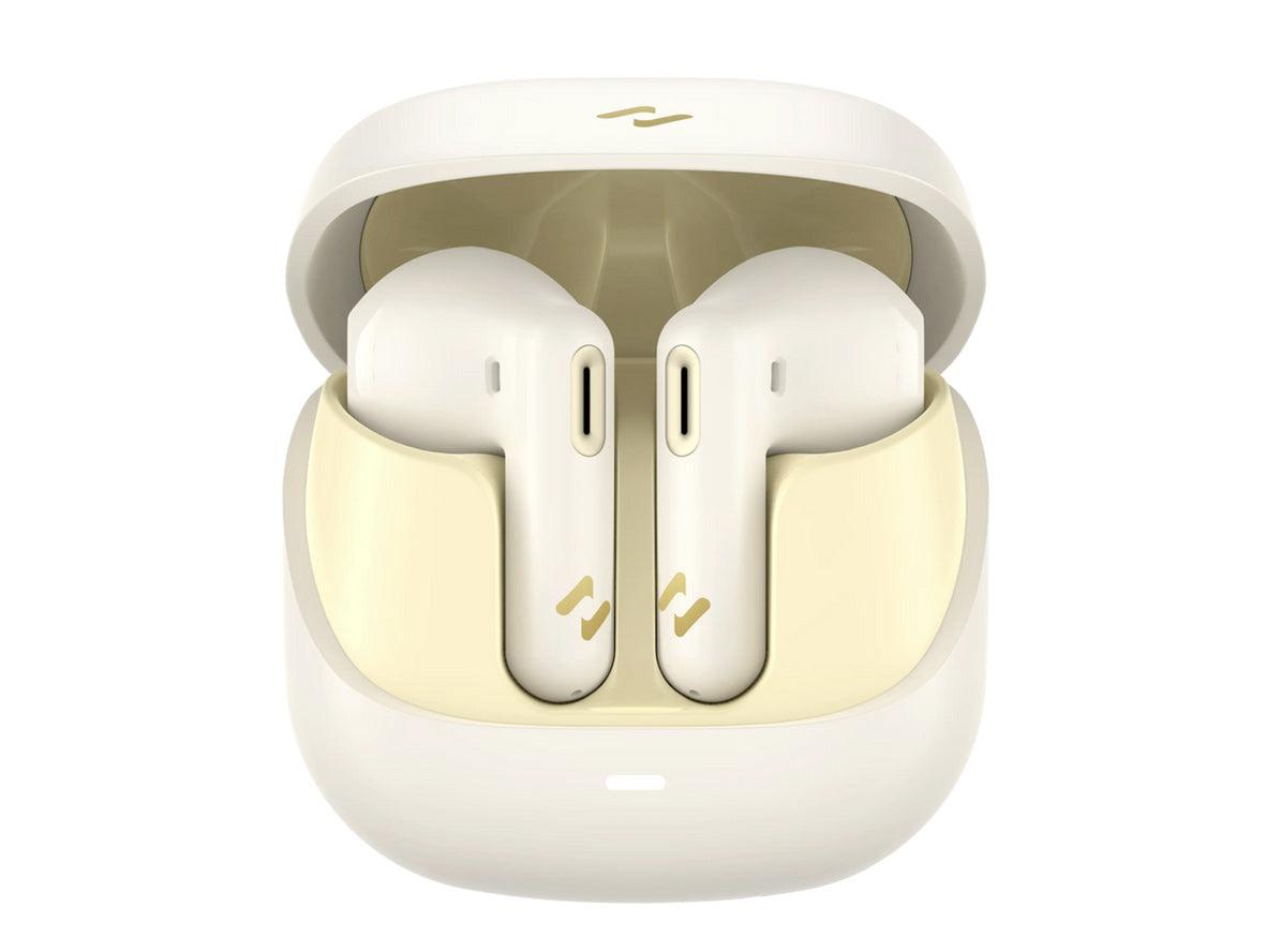 Havit TW905 Audio Earbuds in Beige featuring a minimalist pebble-shaped charging case with a gold logo, ultra-compact in-ear buds for a discreet and comfortable fit - Expert-Verified Quality Zayoom Guaranteed