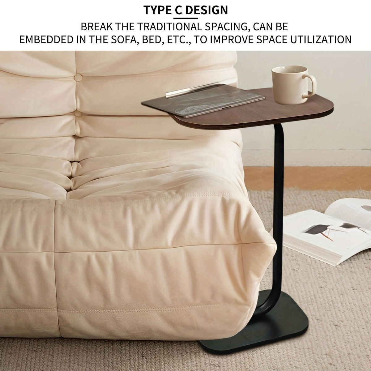 Modern C-Shaped Side Table Coffee Table with Wooden Top, & Metal Base - 28 × 38 × 58 cm - Space-Saving Sofa & Bedside Table - 28 × 38 × 58 cm - Brown