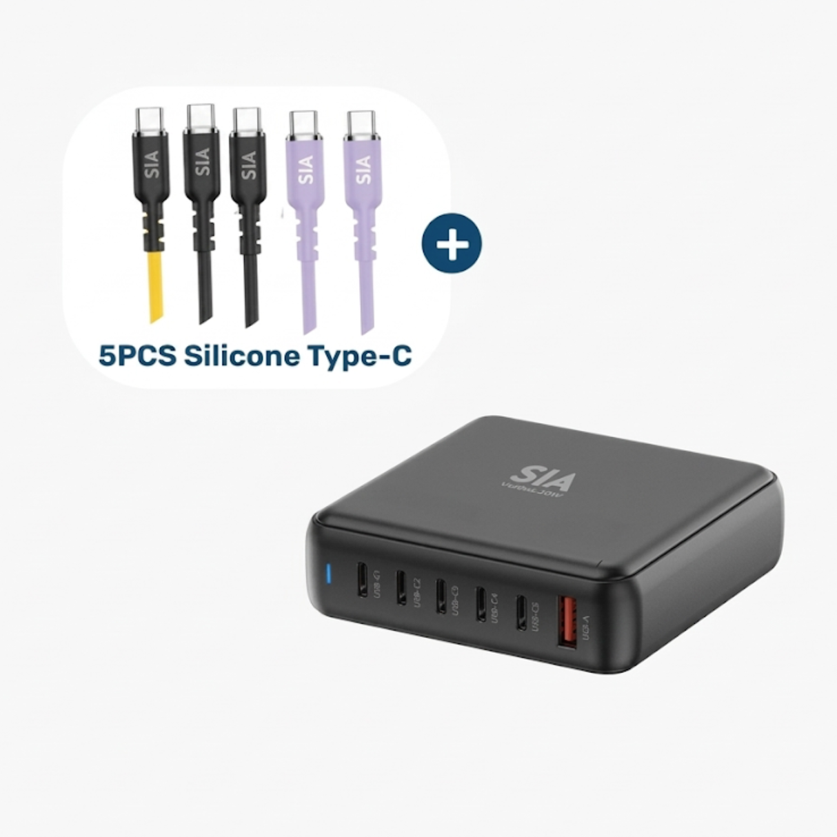 SIA Desktop Charger Gan PD/PPS/QC 200W With 5 Tpye-C Ports + 5PCS Silicone Type-C To Type-C Cable 60W 1.2m