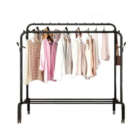 Multi-Purpose Clothes Hanger Rack With Wheels And Two-Layer Storage Stand - Black