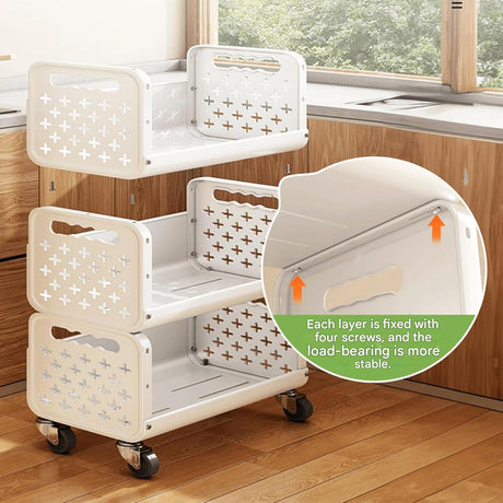 رف تخزين متعدد الاستخدامات بعجلات، ثلاث طبقات، للأطعمة، الخضروات، الوجبات الخفيفة، أدوات التجميل، ولوازم الحمام – أبيض