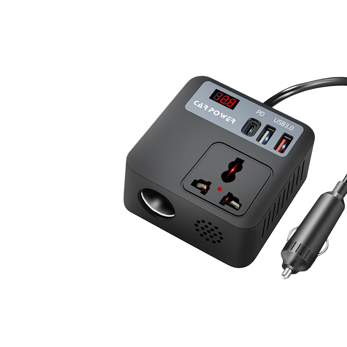 محول طاقة للسيارة بقوة 100 واط محول شاحن بثلاثة منافذ يو اس بي مع مفتاح وشاشة عرض ليد للتيار الكهربائي - أسود