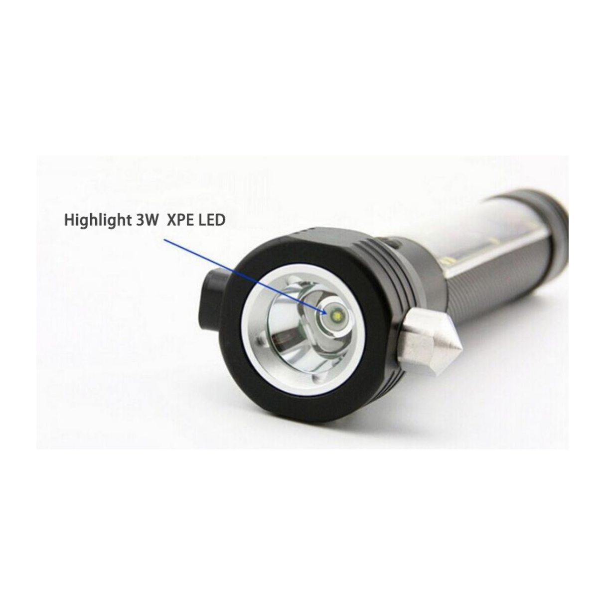 مصباح يدوي تكتيكي متعدد الوظائف يعمل بالطاقة الشمسية للطوارئ بتصميم مقاوم للماء، مزود برأس مطرقة من سبائك معدنية، وقاطع وبوصلة