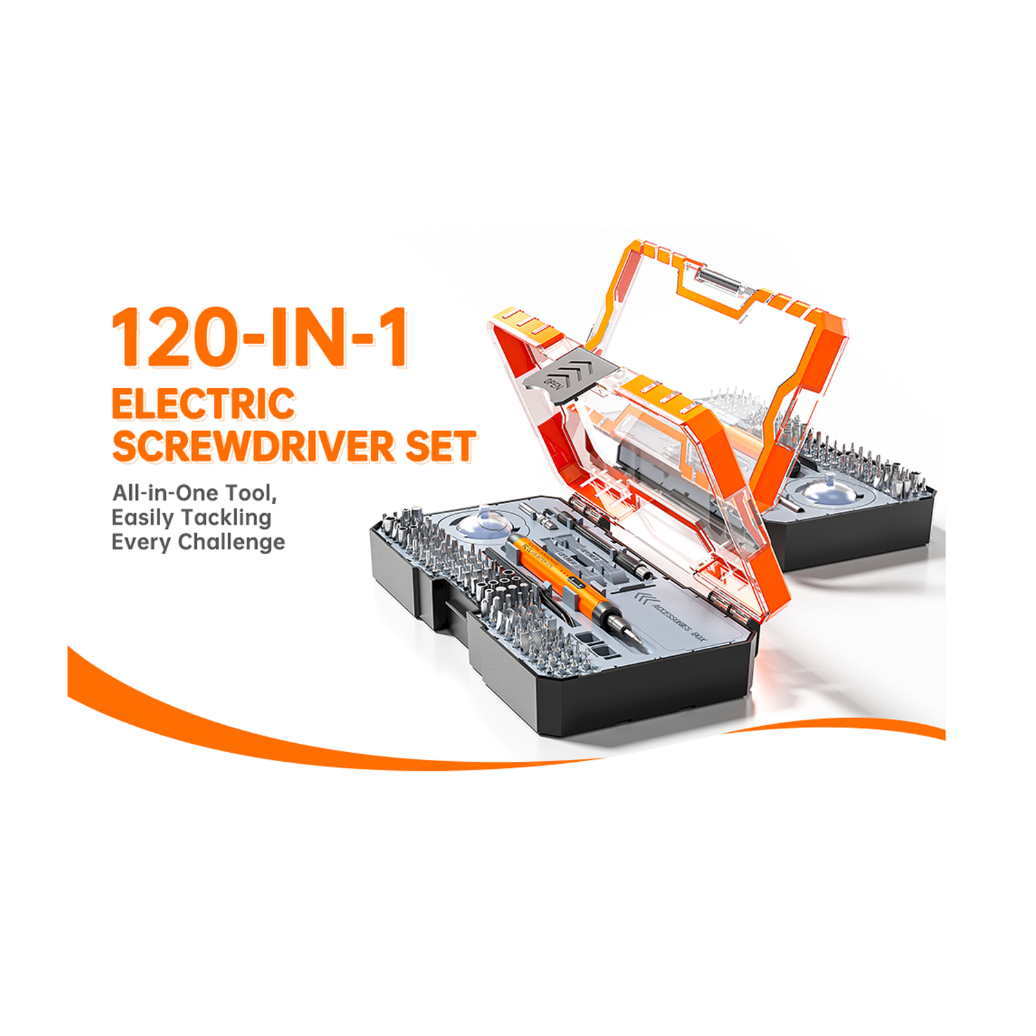 طقم مفك كهربائي متعدد الوظائف 120 في 1 مع بطارية قابلة لإعادة الشحن 500 مللي أمبير وسرعة 150 دورة في الدقيقة وشحن تايب-سي ورؤوس دقيقة وأدوات حقيبة محمولة