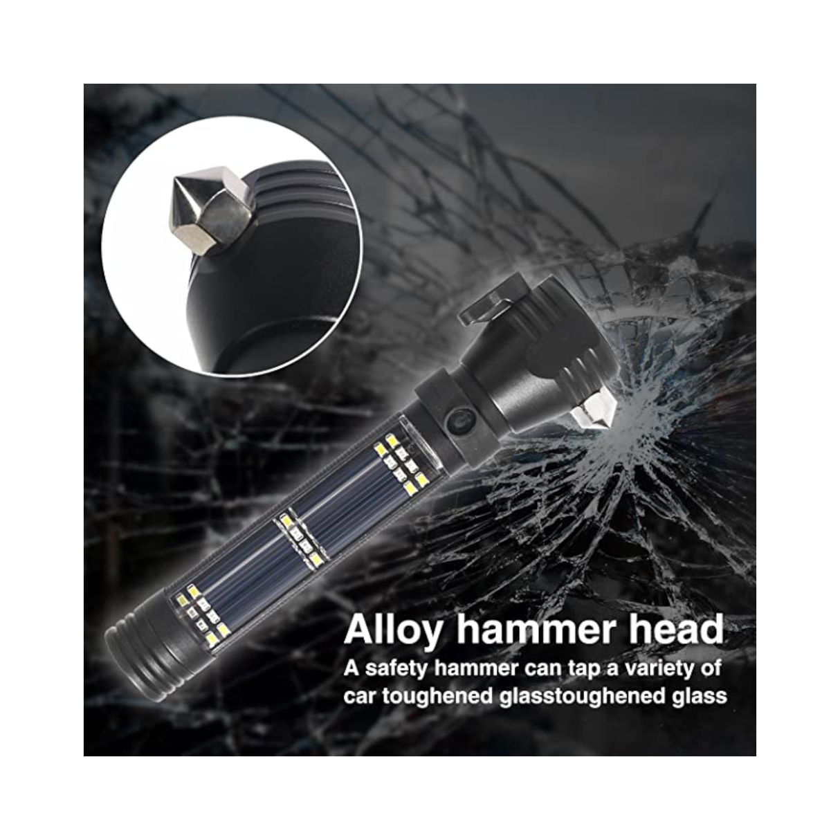 مصباح يدوي تكتيكي متعدد الوظائف يعمل بالطاقة الشمسية للطوارئ بتصميم مقاوم للماء، مزود برأس مطرقة من سبائك معدنية، وقاطع وبوصلة