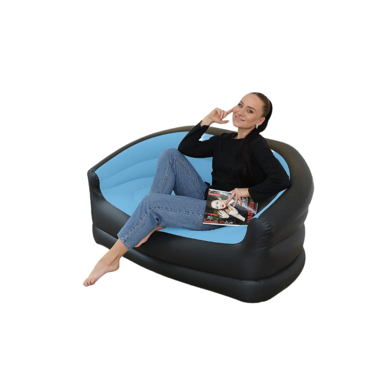 Inflatable Portable Air Sofa Chair with with Flocked Surface, Ergonomic Back Support, Non-Slip Base - 300lbs Capacity & 41" x 39" x 49" Size - Blue