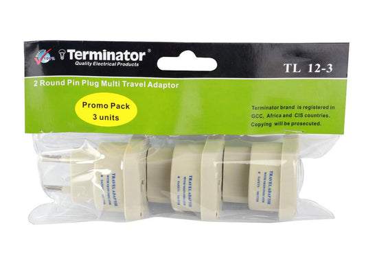 Terminator Travel Adaptor 2Pin To Universal Socket CE With Shutter & Indicator - Pack Of 3