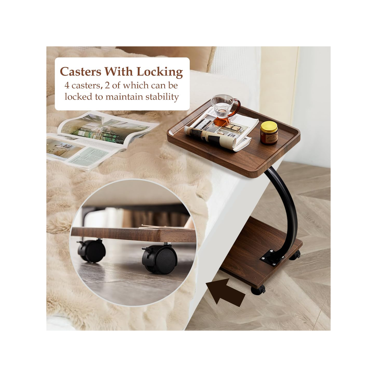 2-Tier End Table - Solid Wood C-Shaped Side Table