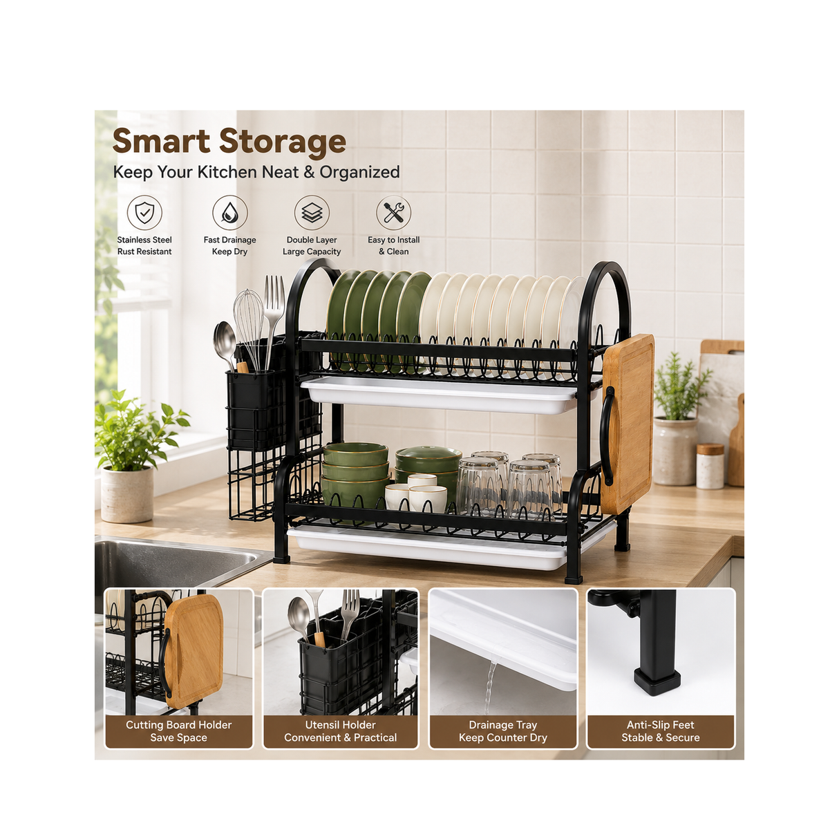 رف تجفيف أطباق للمطبخ بطبقتين مع حامل أدوات المائدة