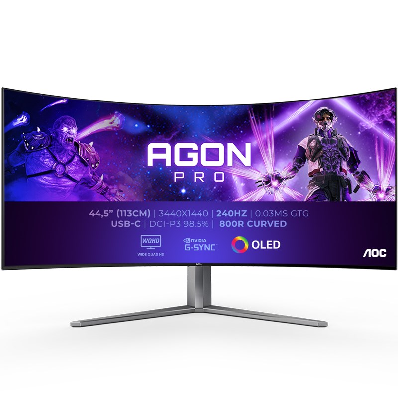إيه أو سي أغون برو AG456UCZD شاشة ألعاب منحنية 45 بوصة WQHD OLED - 240 هرتز - 0.03 مللي ثانية - متوافقة مع فري سينك بريميوم وجي-سينك - أسود