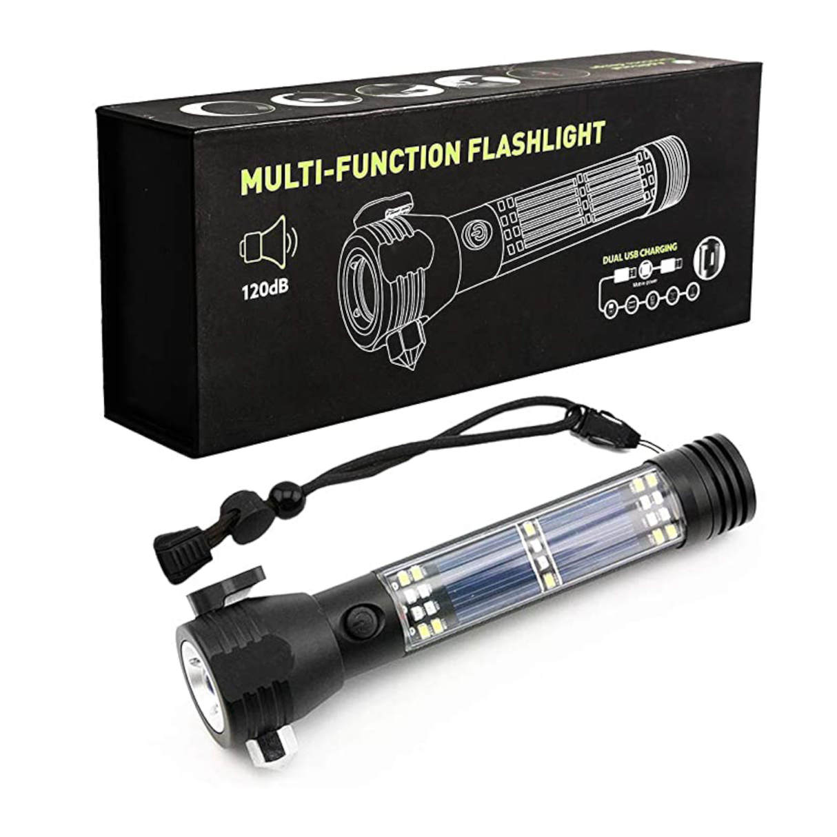 مصباح يدوي تكتيكي متعدد الوظائف يعمل بالطاقة الشمسية للطوارئ بتصميم مقاوم للماء، مزود برأس مطرقة من سبائك معدنية، وقاطع وبوصلة