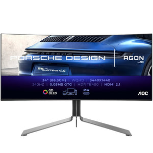 إيه أو سي أغون PD34 بورشه ديزاين شاشة ألعاب منحنية 34 بوصة WQHD QD OLED - 240 هرتز - 0.03 مللي ثانية - HDMI 2.1 - أداپتيف سينك - أسود
