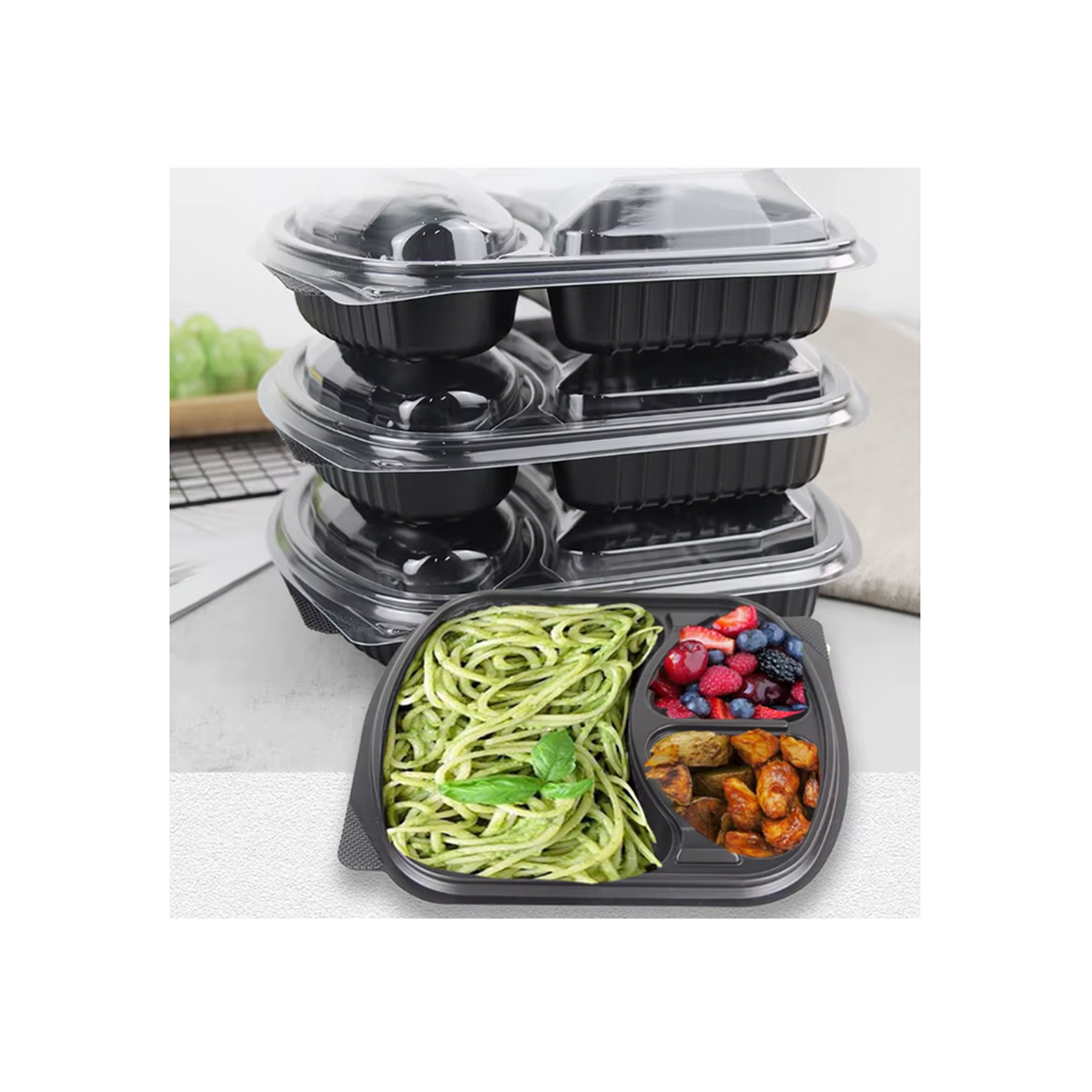 3-Compartment Disposable Plastic Food Container Box - 1000ml - 23.5 x 21 x 5.5 cm